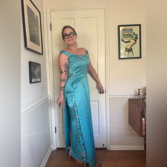 Vintage Dresses & Skirts - 60s Vintage Blue Satin Gown w Rhinestone Accents Sz M